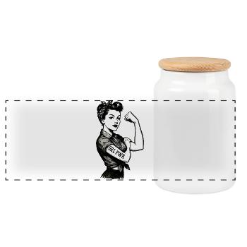 Strong Woman GRL PWR Rockabilly Biceps Arm Gift - Panoramic Cookie Jar with Wooden Lid - white - Front