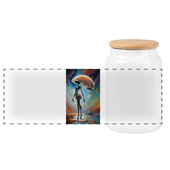 Surreal Cosmic Woman with Brain-Mushroom - Panoramic Cookie Jar with Wooden Lid - white - Front