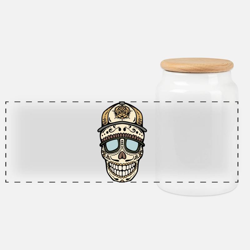 Sugar Skull with Cap and Sunglasses - Panoramic Cookie Jar with Wooden Lid - white