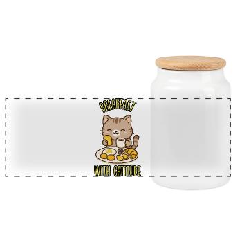 BREAKFAST WITH CATITUDE! - Kawaii Cat Humor - Panoramic Cookie Jar with Wooden Lid - white - Front