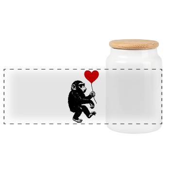 Monkey with Red Heart Balloon - Panoramic Cookie Jar with Wooden Lid - white - Front