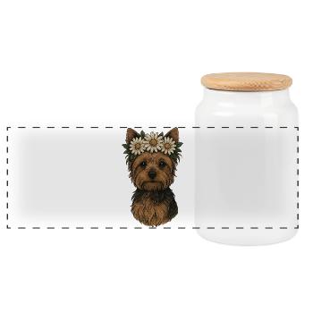 Yorkshire Terrier with Daisy Crown - Panoramic Cookie Jar with Wooden Lid - white - Front