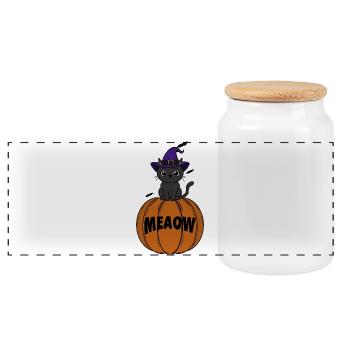 Katze  Halloween - Panorama Keksdose mit Holzdeckel - Weiß - Vorne