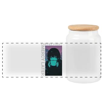 Coffee First Mercy Later Anime Girl Cyberpunk - Panoramic Cookie Jar with Wooden Lid - white - Front