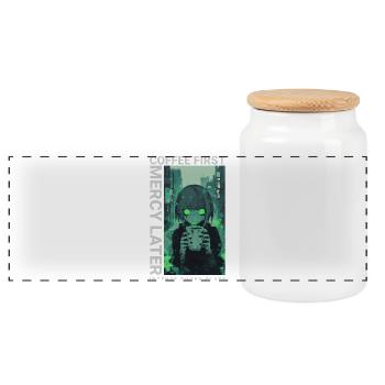 Coffee First Mercy Later Anime Vaporwave Style - Panoramic Cookie Jar with Wooden Lid - white - Front