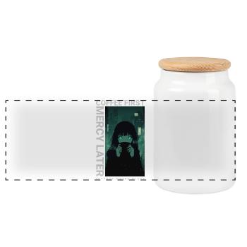 Coffee First Mercy Later Anime Vaporwave Style - Panoramic Cookie Jar with Wooden Lid - white - Front