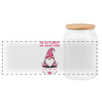 in Oktober we wear pink Gnom Pinkem Schlafmütze - Panorama Keksdose mit Holzdeckel - Weiß - Vorne