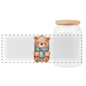 Kuscheliger Bär Schal und Tasse heiße Schokolade - Panorama Keksdose mit Holzdeckel - Weiß - Vorne