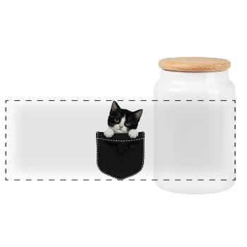 Cat Pocket peeks cute cat in the pocket - Panoramic Cookie Jar with Wooden Lid - white - Front