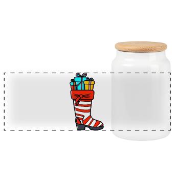 Colorful Christmas stocking with gifts - Panoramic Cookie Jar with Wooden Lid - white - Front