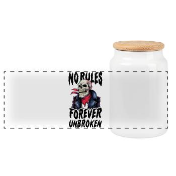 skull t-shirt no rules forever unbroken - Panoramic Cookie Jar with Wooden Lid - white - Front