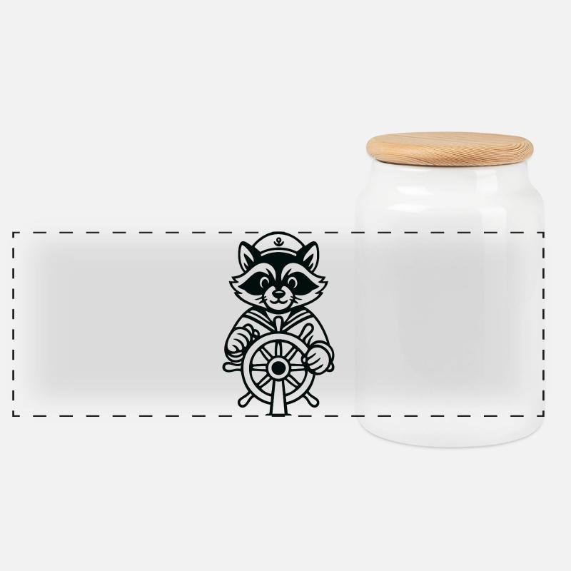 Raccoon Captain Navigation - Panorama Keksdose mit Holzdeckel - Weiß