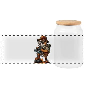 Funny Bulldog Explorer Hiking Camping Adventure - Panoramic Cookie Jar with Wooden Lid - white - Front