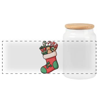 Illustrated Christmas Stocking – Festive and Cute - Panoramic Cookie Jar with Wooden Lid - white - Front
