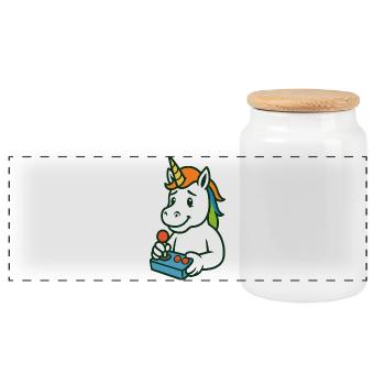 Niedliches Einhorn-Gamer-Maskottchen mit Joystick - Panorama Keksdose mit Holzdeckel - Weiß - Vorne