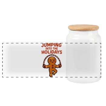 Gingerbread jumps into the holidays - Panoramic Cookie Jar with Wooden Lid - white - Front
