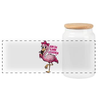 Party Flamingo mit Spruch Bin da, los geht's - Panorama Keksdose mit Holzdeckel - Weiß - Vorne
