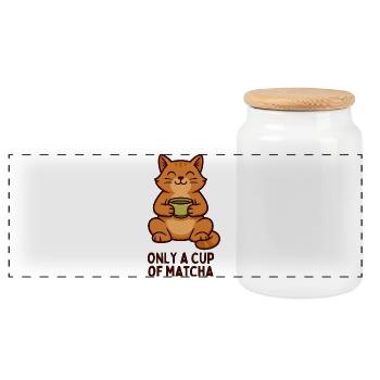 Cat Happiness Matcha Moment - Panoramic Cookie Jar with Wooden Lid - white - Front