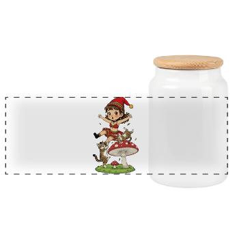 Leprechaun girl falls from mushroom - Panoramic Cookie Jar with Wooden Lid - white - Front