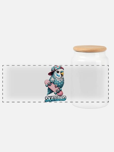 Blauer Skatebird – Coole Papagei-Illustration mit - Panorama Keksdose mit Holzdeckel - Weiß