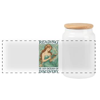 Reading Mermaid in the Ocean of Books - Panoramic Cookie Jar with Wooden Lid - white - Front