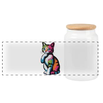 Nachdenkliche Pop-Katze Farbexplosion - Panorama Keksdose mit Holzdeckel - Weiß - Vorne