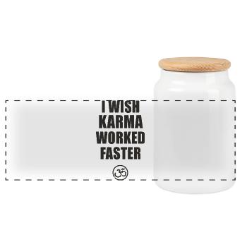 Karma Quote Shirt – I Wish Karma Worked Faster - Panoramic Cookie Jar with Wooden Lid - white - Front