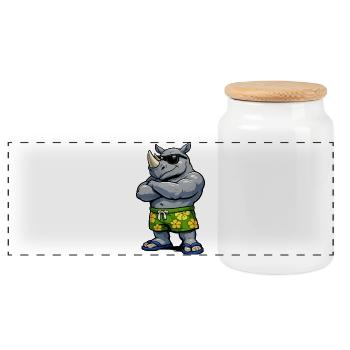 Rhinoceroswith Hibiscus Shorts - Panoramic Cookie Jar with Wooden Lid - white - Front