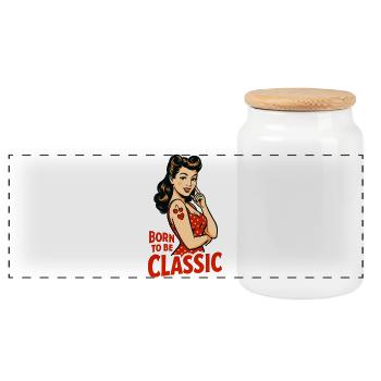 Born to Be Classic – Pin-Up Woman in Retro Style - Panoramic Cookie Jar with Wooden Lid - white - Front