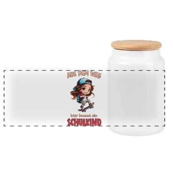 Schulkind Skateboard Cartoon Mädchen - Panorama Keksdose mit Holzdeckel - Weiß - Vorne