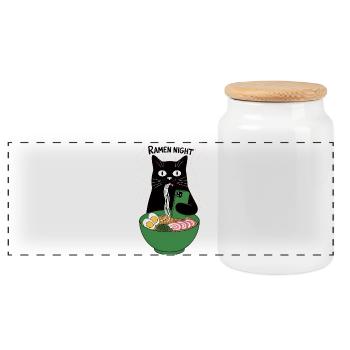 Ramen Night Cat Smartphone - Panoramic Cookie Jar with Wooden Lid - white - Front