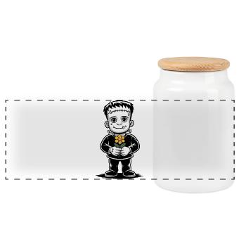Petit garçon monstre brodé avec une fleur orange - Boîte à biscuits avec couvercle en bois - blanc - Devant