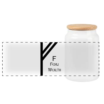 Fehu Rune Complete Black – Viking Futhark - Panoramic Cookie Jar with Wooden Lid - white - Front