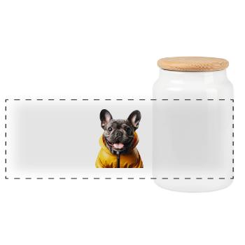 Joyeux bouledogue français en imperméable - Boîte à biscuits avec couvercle en bois - blanc - Devant