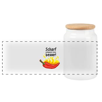 Chili – scharf schmeckt alles besser - Panorama Keksdose mit Holzdeckel - Weiß - Vorne