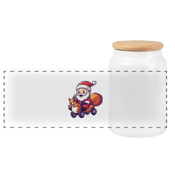 Squirrel Santa Claus Cartoon - Panoramic Cookie Jar with Wooden Lid - white - Front