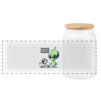 Funny Alien and Dog Cartoon - Take Me to Your Feed - Panoramic Cookie Jar with Wooden Lid - white - Front
