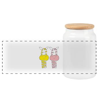 Zebra Couple Pink and Yellow - Panoramic Cookie Jar with Wooden Lid - white - Front