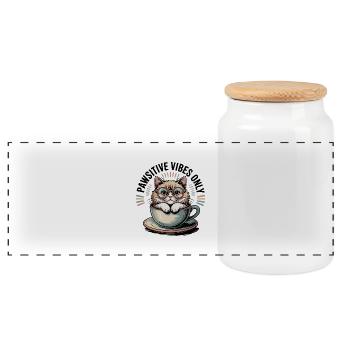 Pawsitive Vibes Only – Cat in a Cup - Panoramic Cookie Jar with Wooden Lid - white - Front