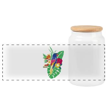 gaya flower parrot - Panoramic Cookie Jar with Wooden Lid - white - Front