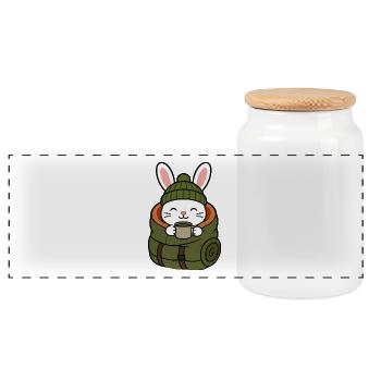 Hiking Bunny in Winter with Coffee - Panoramic Cookie Jar with Wooden Lid - white - Front