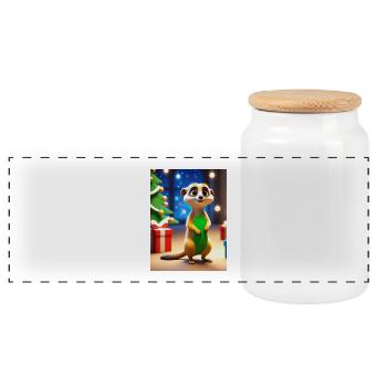 Cartoon Christmas Greetings Meerkat Gift - Panoramic Cookie Jar with Wooden Lid - white - Front