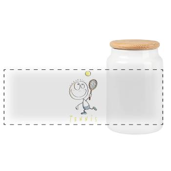 Happy tennis player - cartoon stick figure - Panoramic Cookie Jar with Wooden Lid - white - Front
