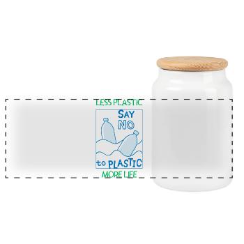 Less plastic – more life - Panoramic Cookie Jar with Wooden Lid - white - Front