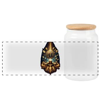 Bitcoin Explosion Digital Artwork - Panoramic Cookie Jar with Wooden Lid - white - Front