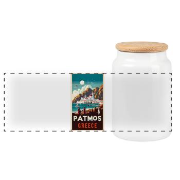 Patmos Greece vintage holiday design - Panoramic Cookie Jar with Wooden Lid - white - Front