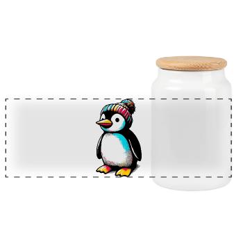 Penguin with winter wool cap hat - Panoramic Cookie Jar with Wooden Lid - white - Front