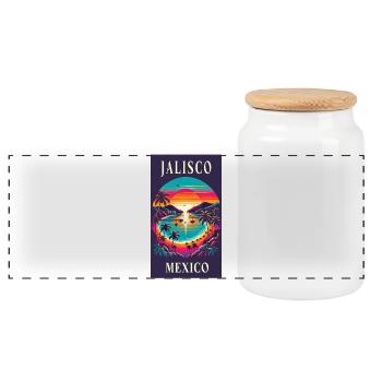 Jalisco Mexico palm tree design - Panoramic Cookie Jar with Wooden Lid - white - Front
