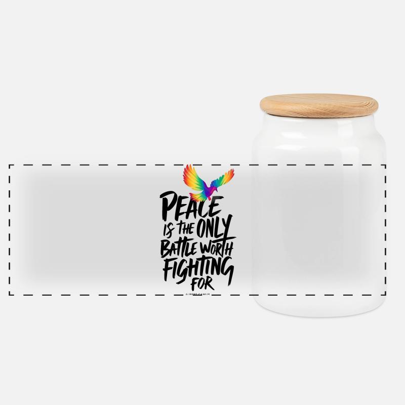Feurige Regenbogentaube mit Friedenstext - Panorama Keksdose mit Holzdeckel - Weiß