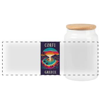 Corfu Greece sunset design - Panoramic Cookie Jar with Wooden Lid - white - Front